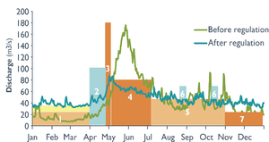 An example of the building block method showing average flow curves before and after regulation, and the key flow blocks. Duration (x-axis, width) multiplied by flow (y-axis, height) provides a measure of the volume of water in question (area of the blocks) and these can be summed to give the reach's "water pool". 1=egg survival and winter habitat, 2=smolt out-migration, 3=flushing flows, 4=juvenile fish growth, 5=juvenile fish habitat, 6=artificial freshets to facilitate angling interests and promote spawning migration, 7=spawning. The colours indicate prioritisation – from orange (high) to blue (low), based on the severity of identified hydrologic bottlenecks (from Forseth and Harby 2014).