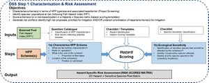Conceptual flow diagram of Step 1 of the proposed Decision Support System Framework - Pre-screening characterization and risk identification. Grey = outputs/inputs to/from steps; blue = tasks; White = FIThydro inputs and matrices; Green = final output/objective.