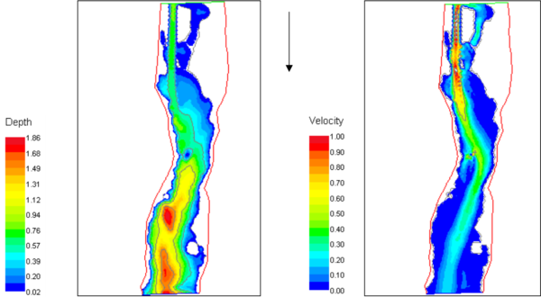 This figure shows the water depths (in meters) to the left) and water velocities (in m/s) to the right in a section of Mandal river in southern Norway after lowering a weir (Fjeldstad et al., 2004).